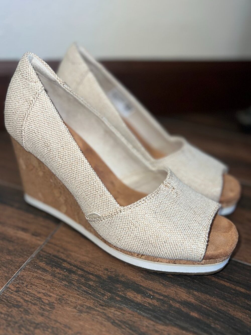 TOMS Beige Peep Toe Cork Wedge Heel Sandals 7